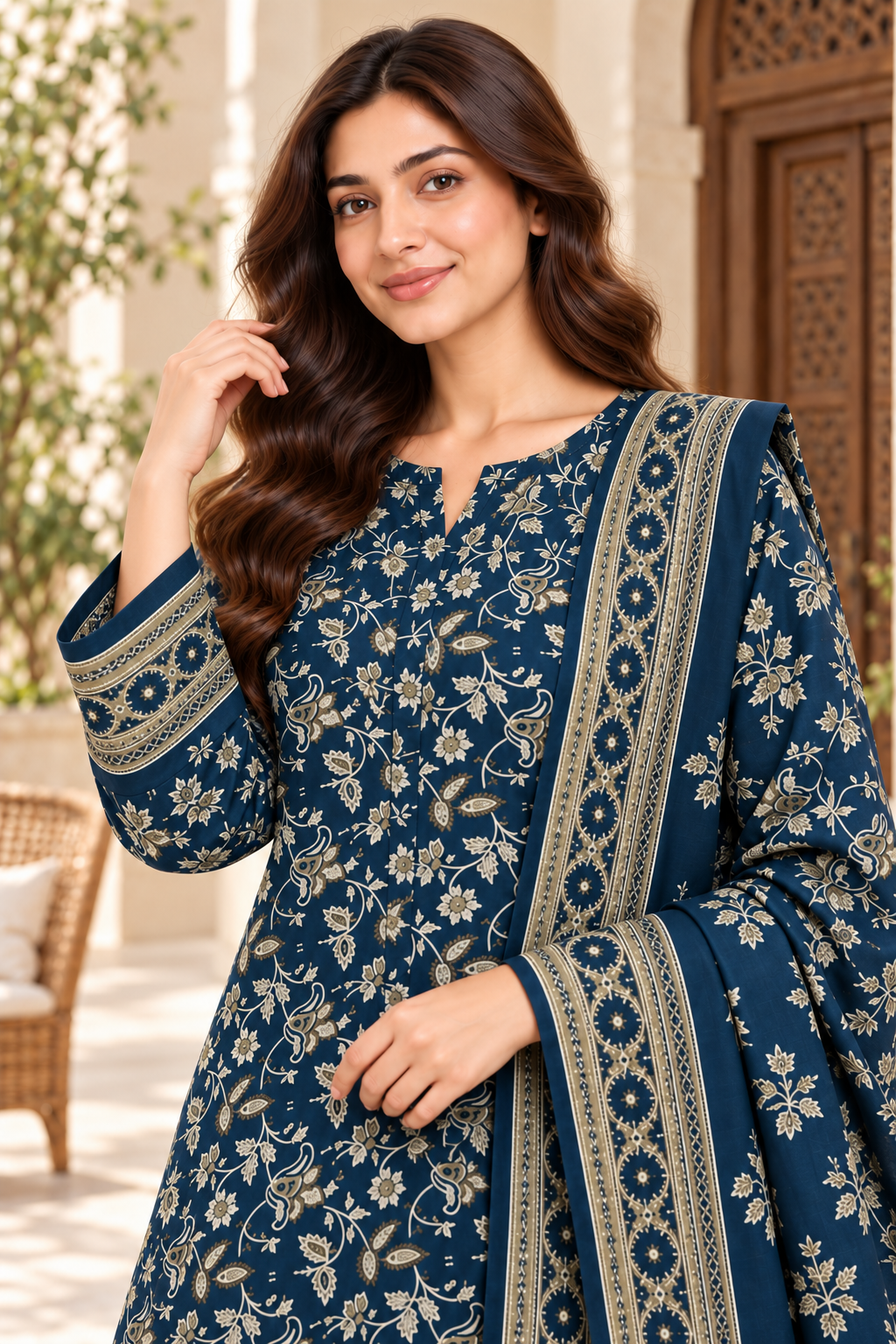 Cambric cotton — navy verandah front detail
