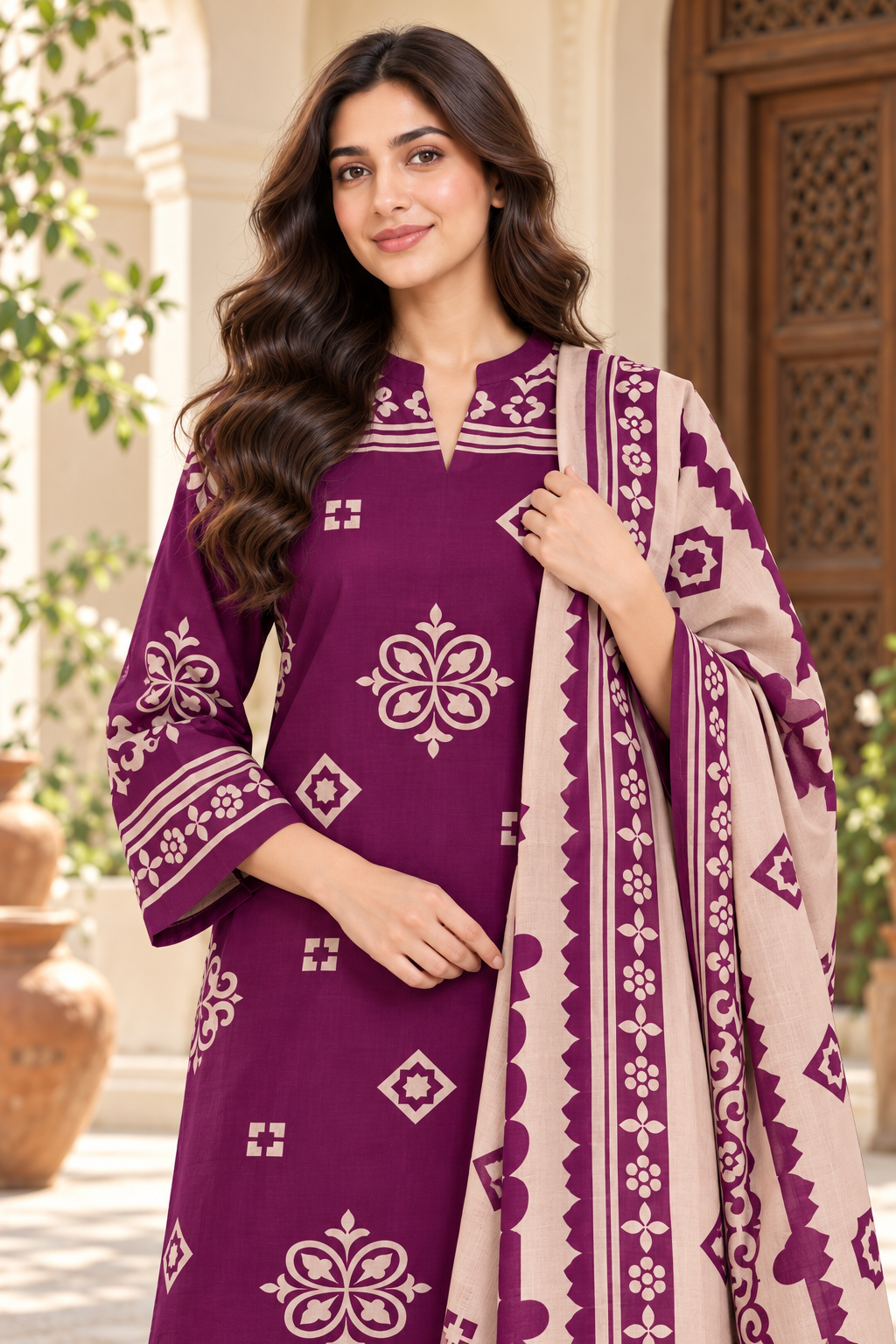 Cambric cotton — plum geometric verandah