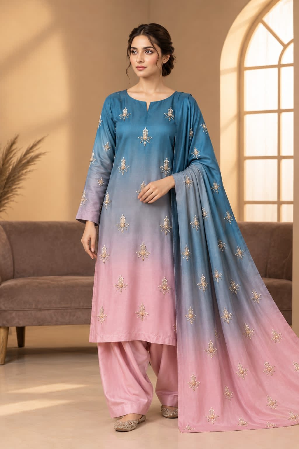 Shamoze silk in blue & blush: original front model photograph