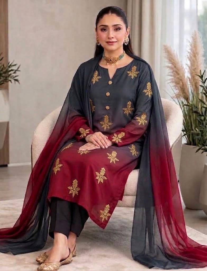 Shamoze silk in charcoal & burgundy: original front model photograph