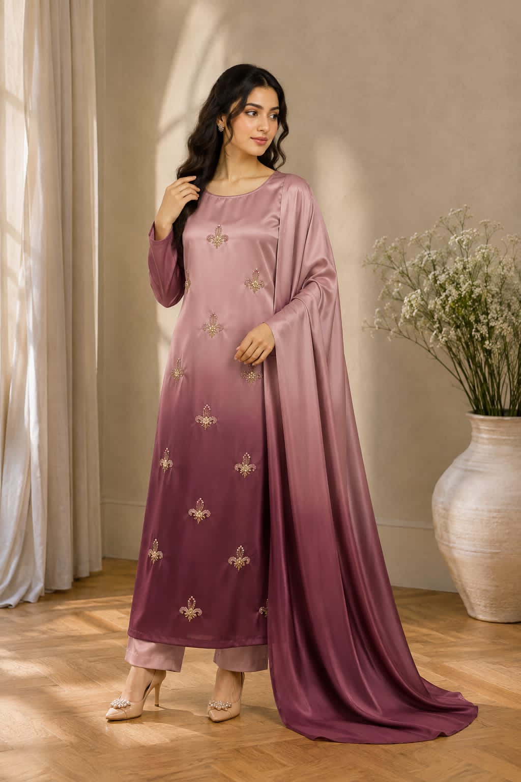 Shamoze silk in dusty rose & burgundy: original front model photograph