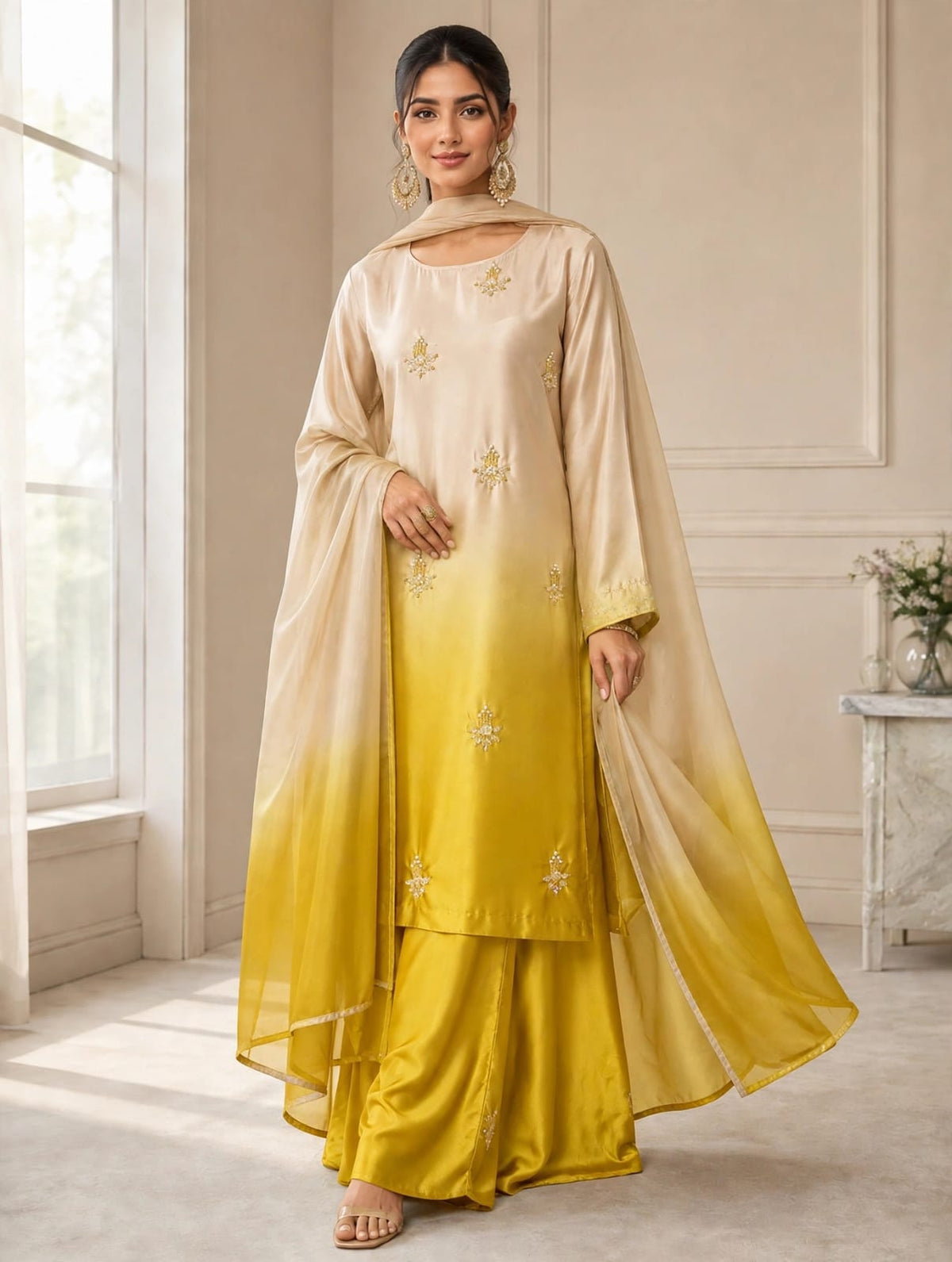 Shamoze silk in ivory & mustard: original front model photograph