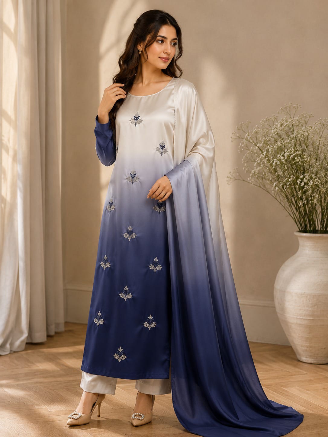 Shamoze silk in ivory & navy: original front model photograph