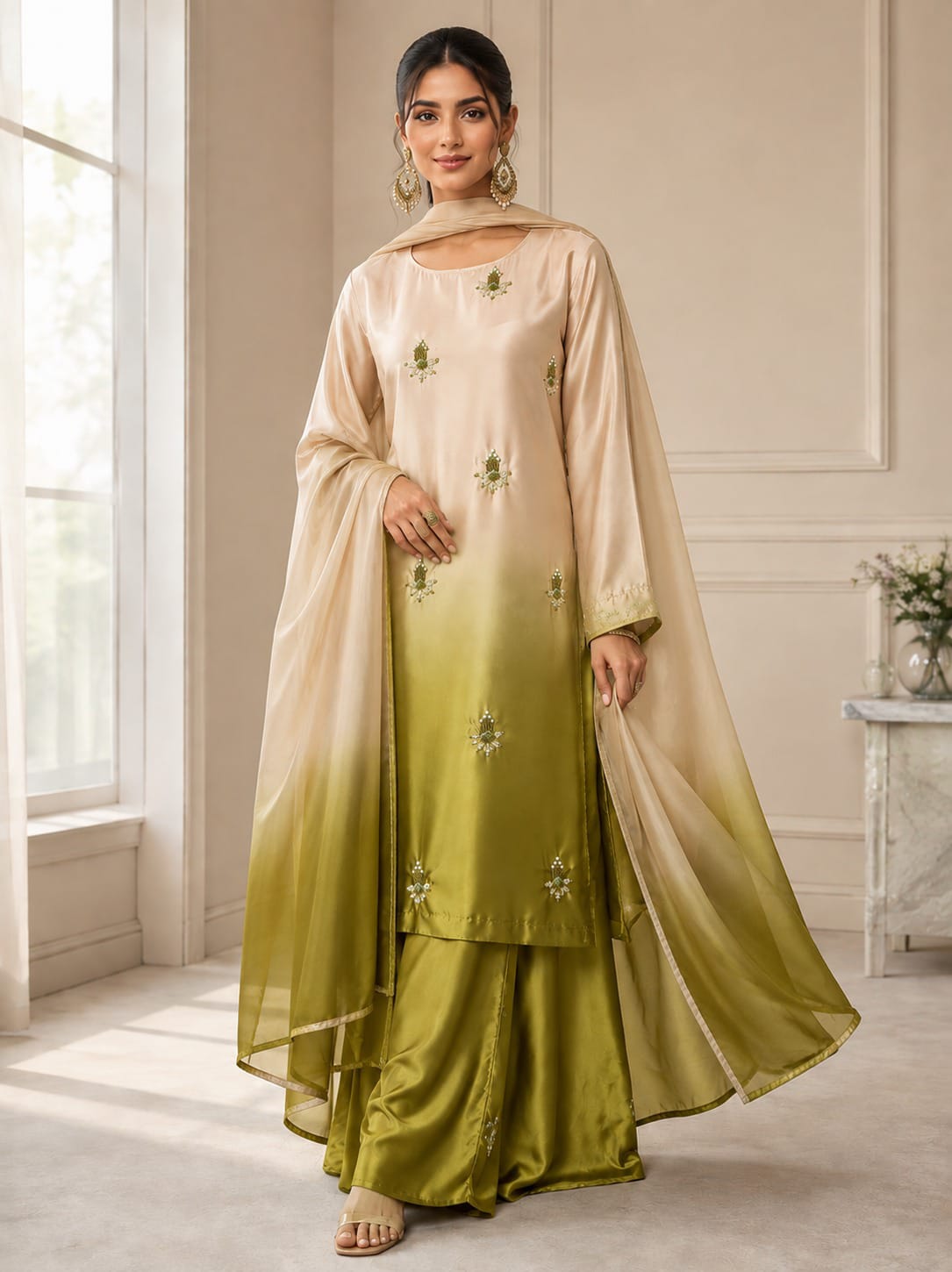 Shamoze silk in ivory & olive: original front model photograph