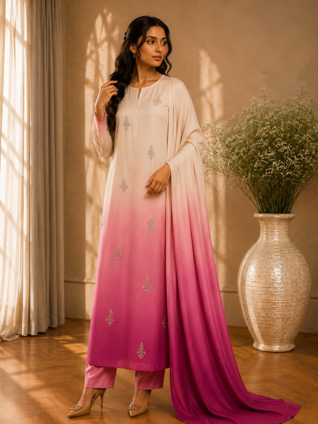 Shamoze silk in ivory & pink: original front model photograph