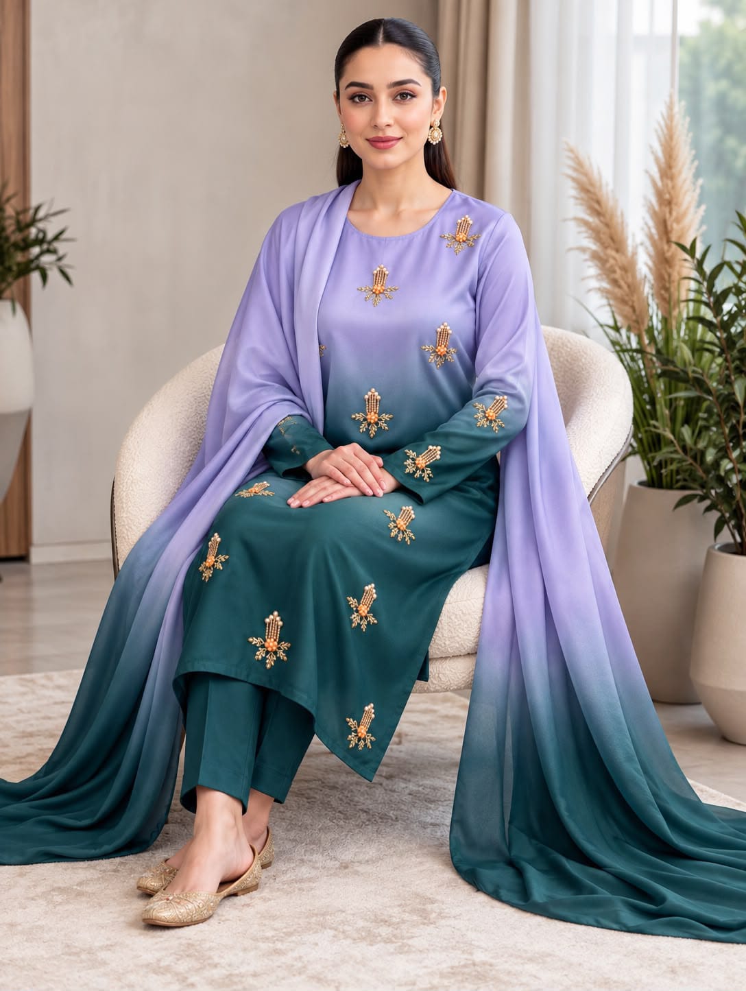 Shamoze silk in lilac & deep teal: original front model photograph