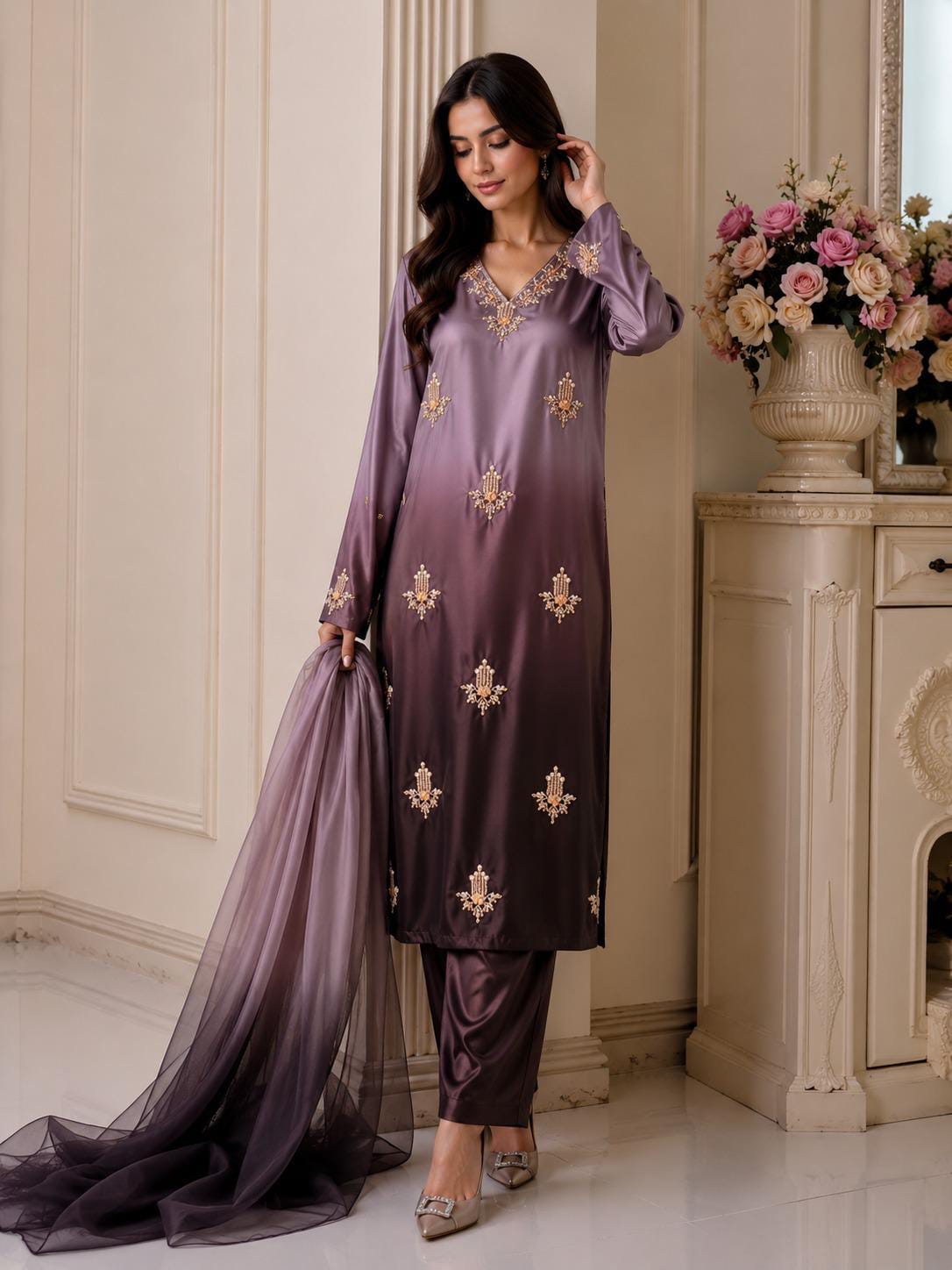 Shamoze silk in lilac & plum: original front model photograph