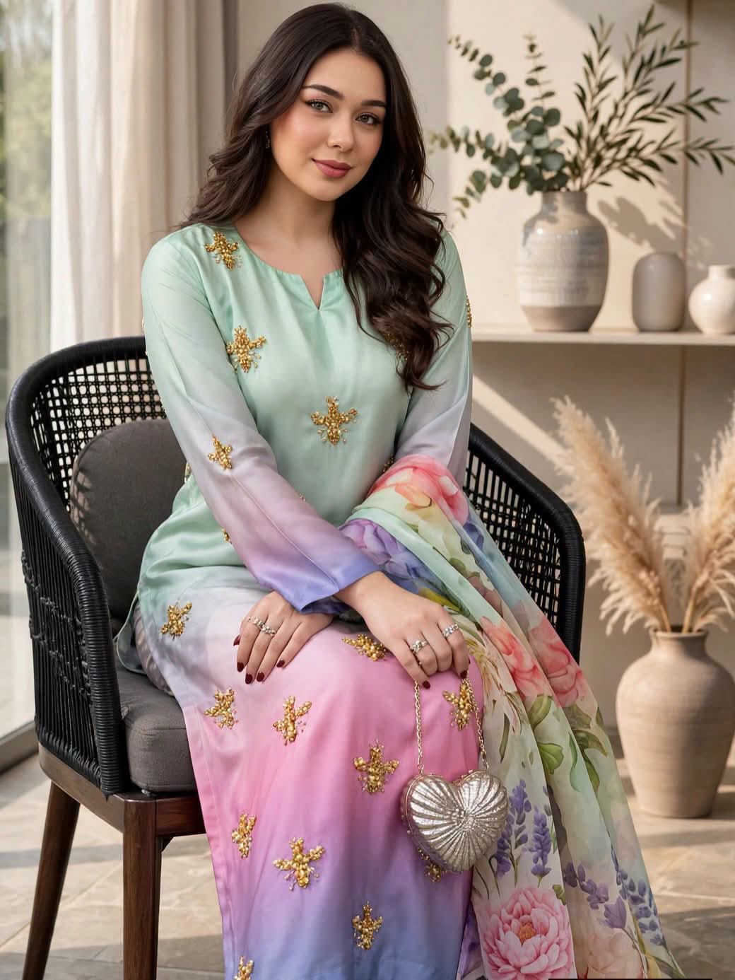 Shamoze silk in mint & pink: original front model photograph