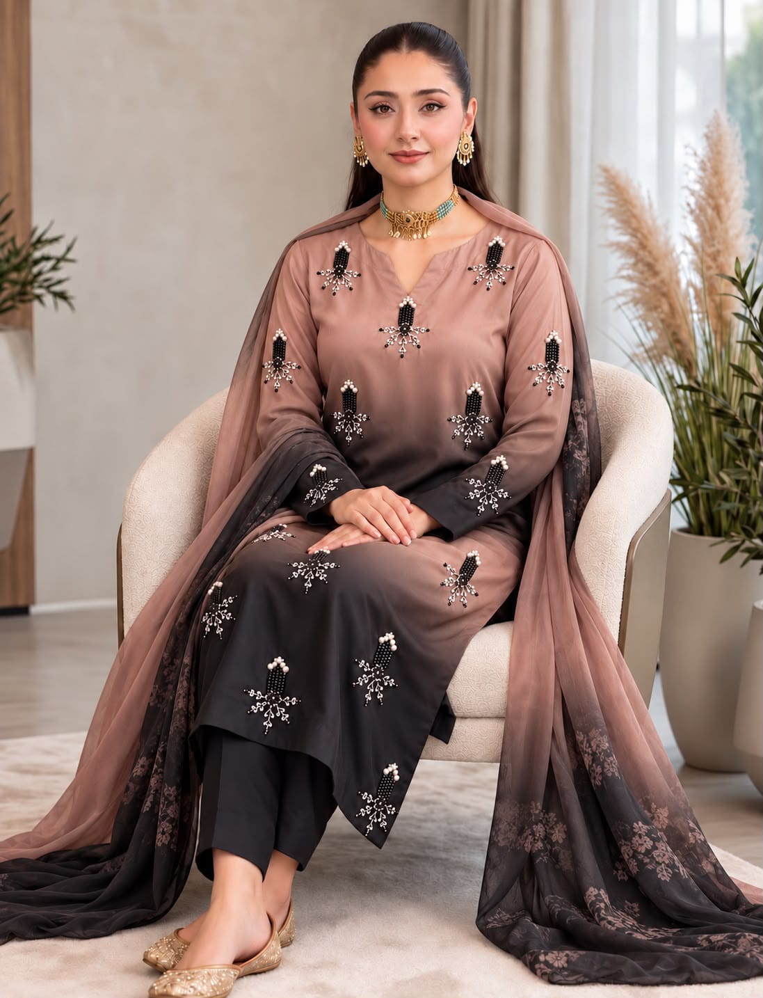 Shamoze silk in peach & black: original front model photograph