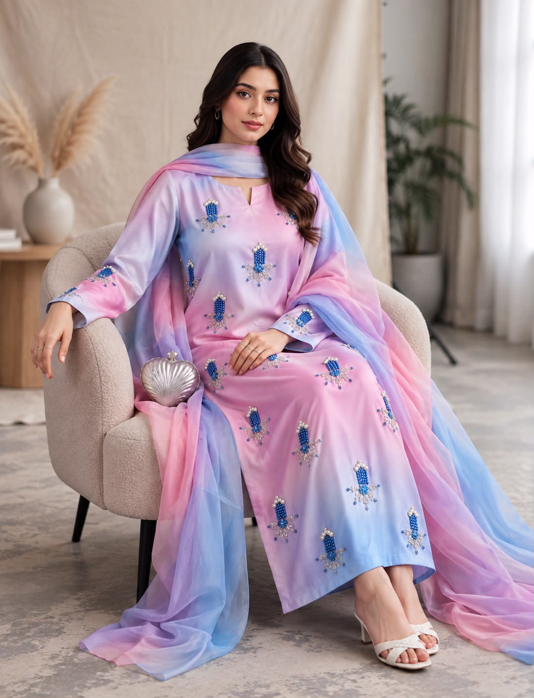 Shamoze silk in pink & sky blue: original front model photograph