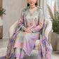 Shamoze silk in powder blue & rose floral: original front model photograph
