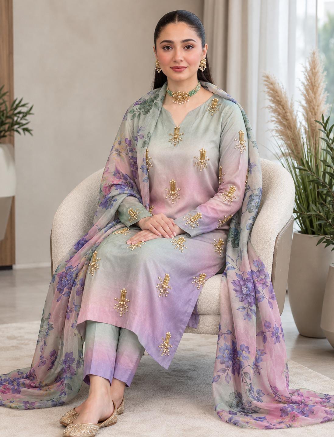 Shamoze silk in powder blue & rose floral: original front model photograph