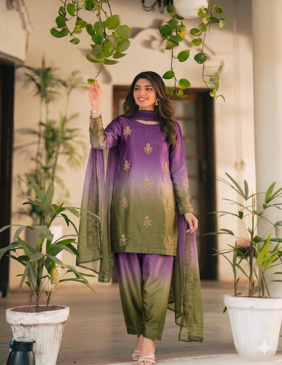 Shamoze silk in purple & olive: original front model photograph