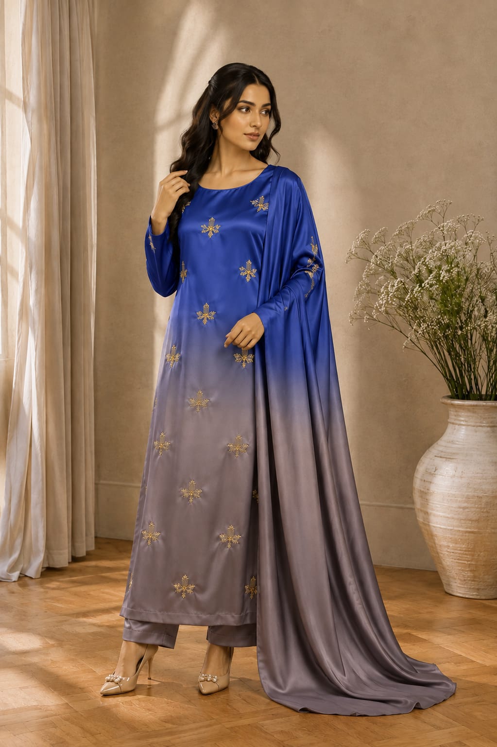 Shamoze silk in royal blue & stone: original front model photograph