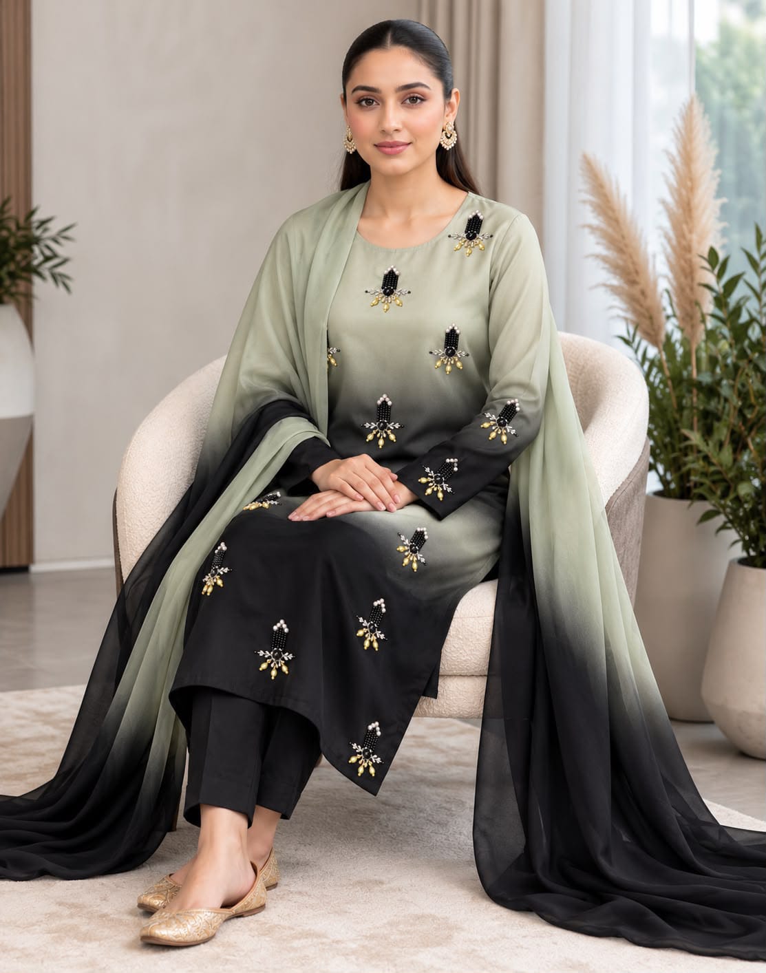 Shamoze silk in sage & black: original front model photograph