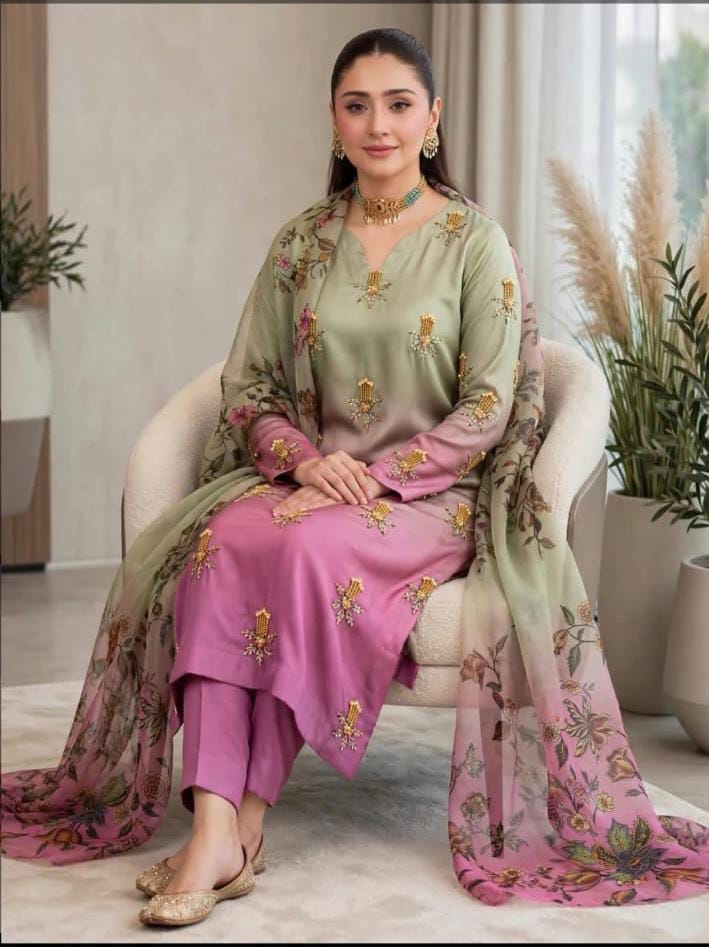 Original model photograph of sage and pink Shamoze silk suit with floral dupatta