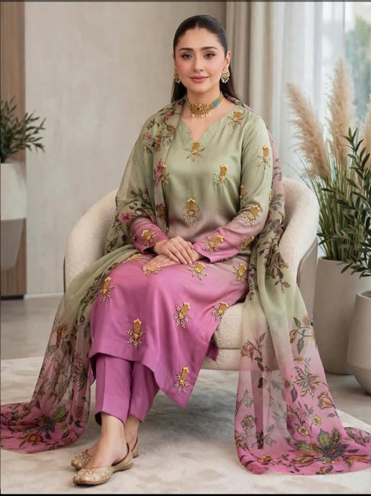 Original model photograph of sage and pink Shamoze silk suit with floral dupatta