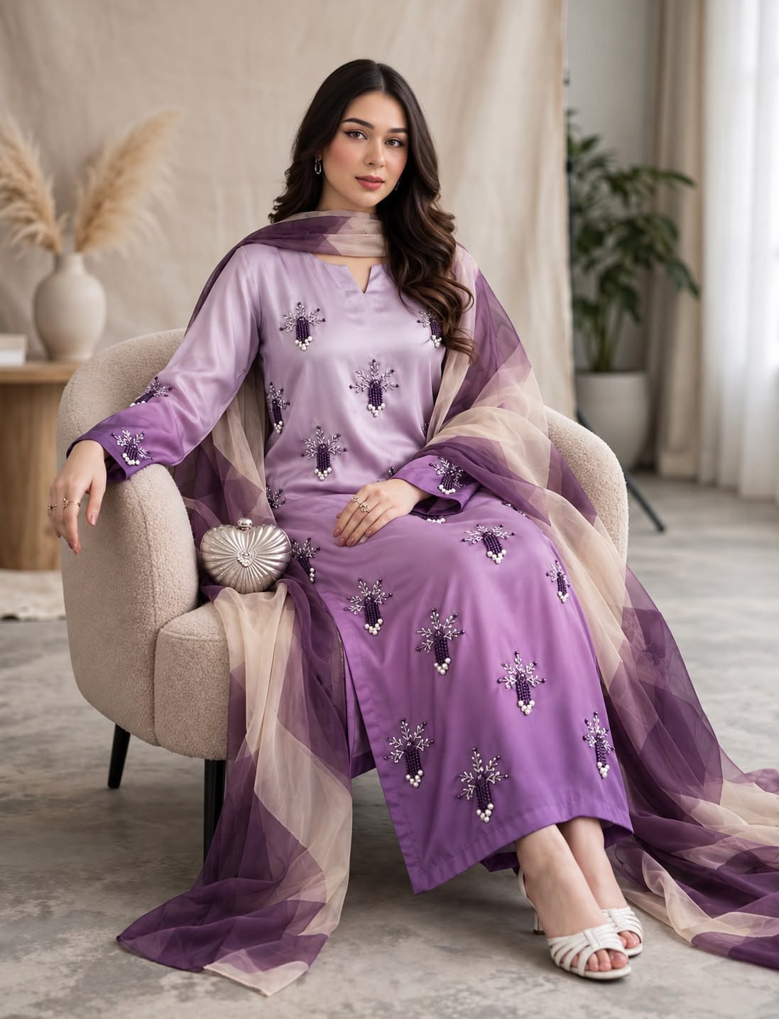 Original model photograph of lilac tie-and-dye Shamoze silk suit