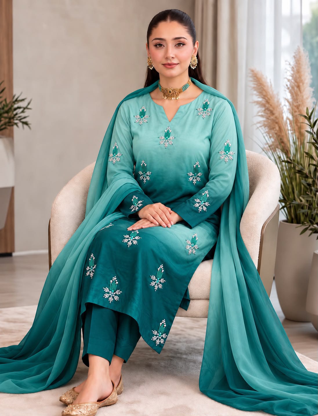 Original model photograph of teal Shamoze silk suit with coordinated dupatta