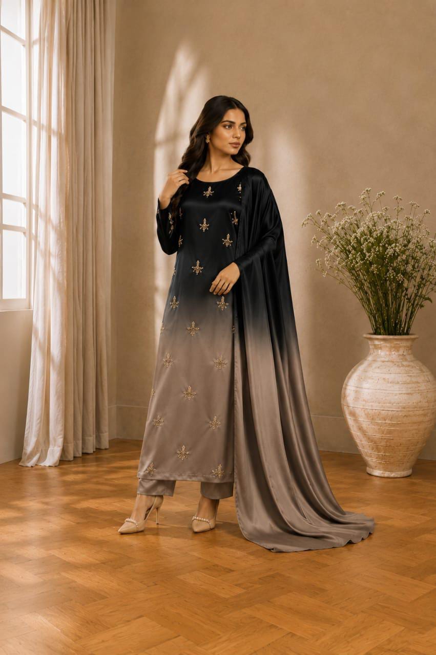 Original model photograph of black and stone tie-and-dye Shamoze silk suit