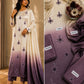 Original model and actual fabric photograph of ivory and plum Shamoze silk shirt, trouser and dupatta