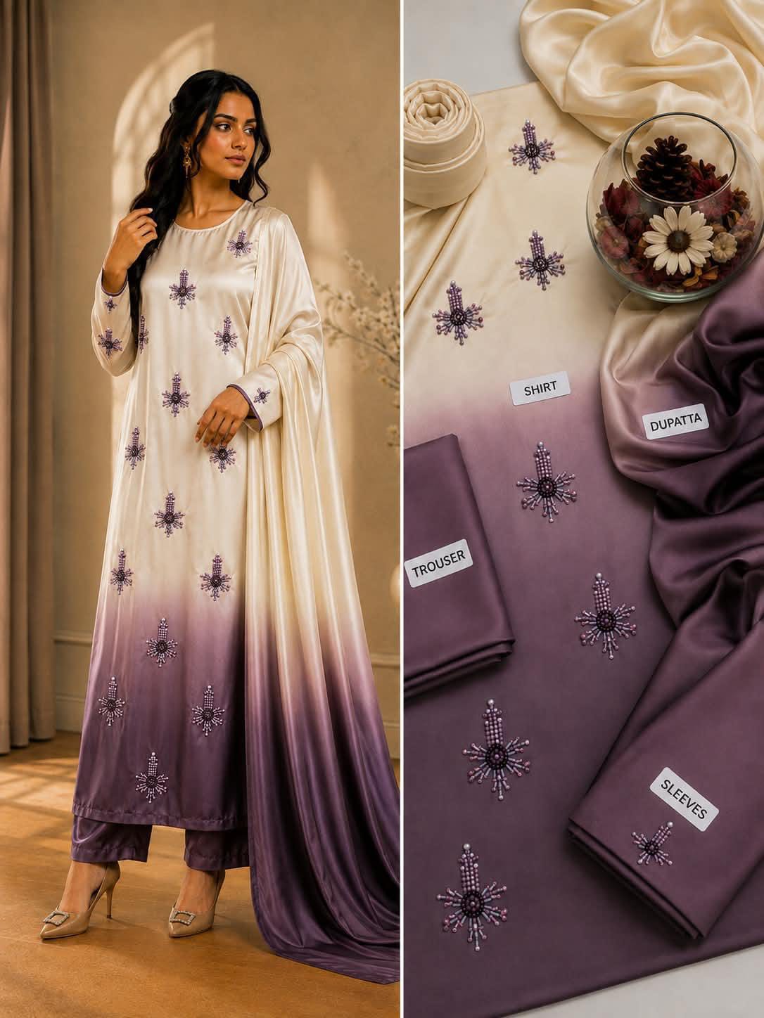 Original model and actual fabric photograph of ivory and plum Shamoze silk shirt, trouser and dupatta