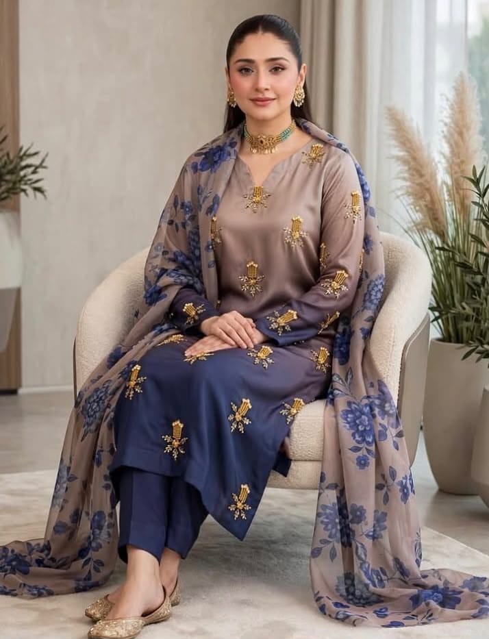 Shamoze silk in stone & navy floral: original front model photograph