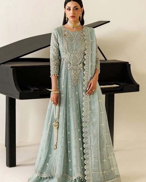 Pale sage embroidered chiffon wedding suit: original full front model photograph