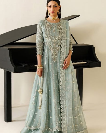 Pale sage embroidered chiffon wedding suit: original full front model photograph