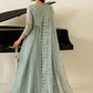 Pale sage embroidered chiffon wedding suit: original back model photograph