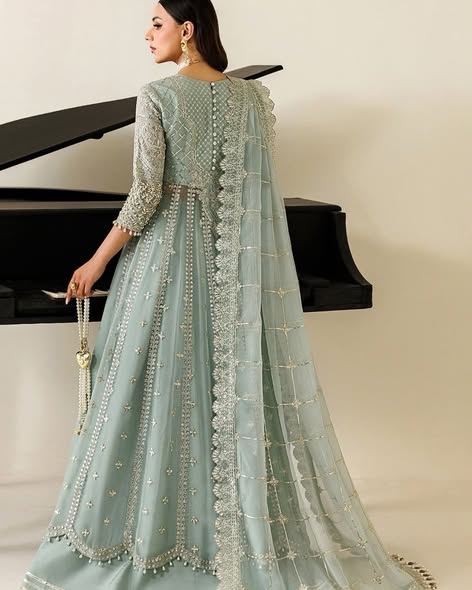 Pale sage embroidered chiffon wedding suit: original back model photograph