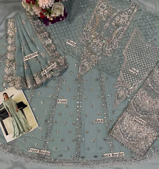 Actual chiffon wedding suit fabric showing front, back, sleeves and embroidery pieces