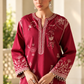 Zoha Berry two-piece unstitched Airjet Dhanak suit: front detail model view showing the ivory shirt embroidery and neckline