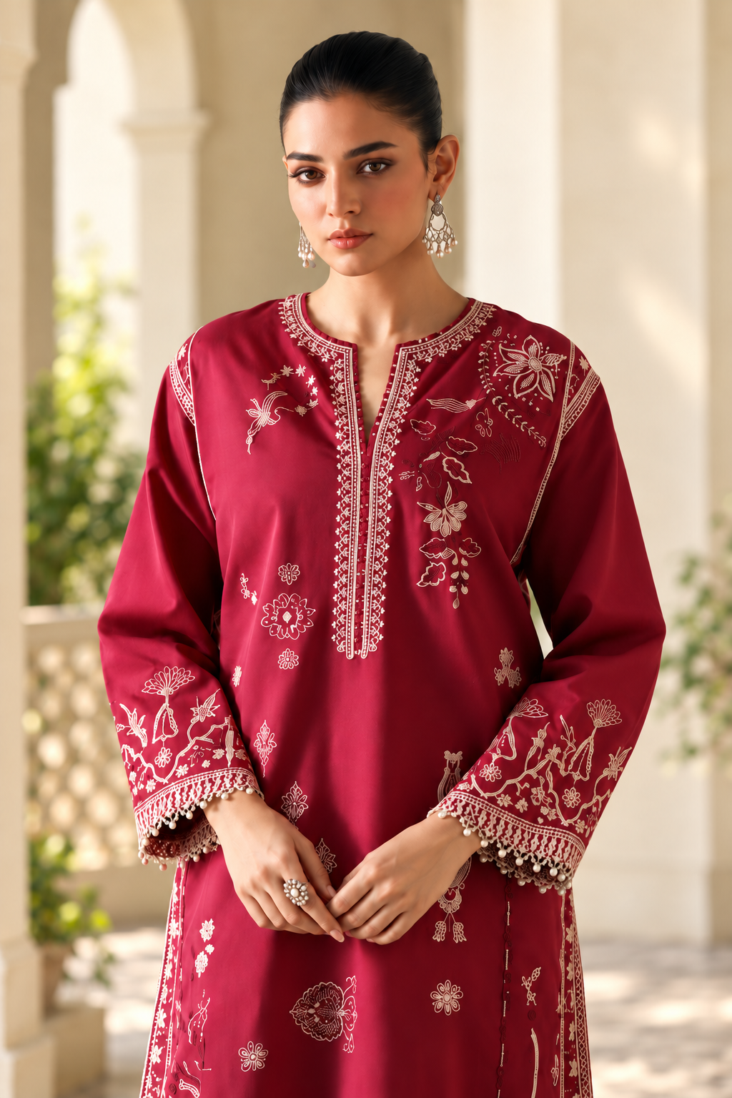 Zoha Berry two-piece unstitched Airjet Dhanak suit: front detail model view showing the ivory shirt embroidery and neckline