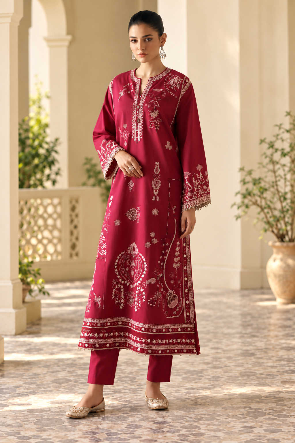 Zoha Berry two-piece unstitched Airjet Dhanak suit: shallow front three-quarter model view showing the ivory shirt embroidery and neckline